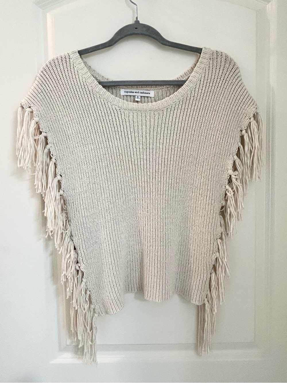 cupcakes & cashmere Cream Fringe-Knit Poncho Sweater